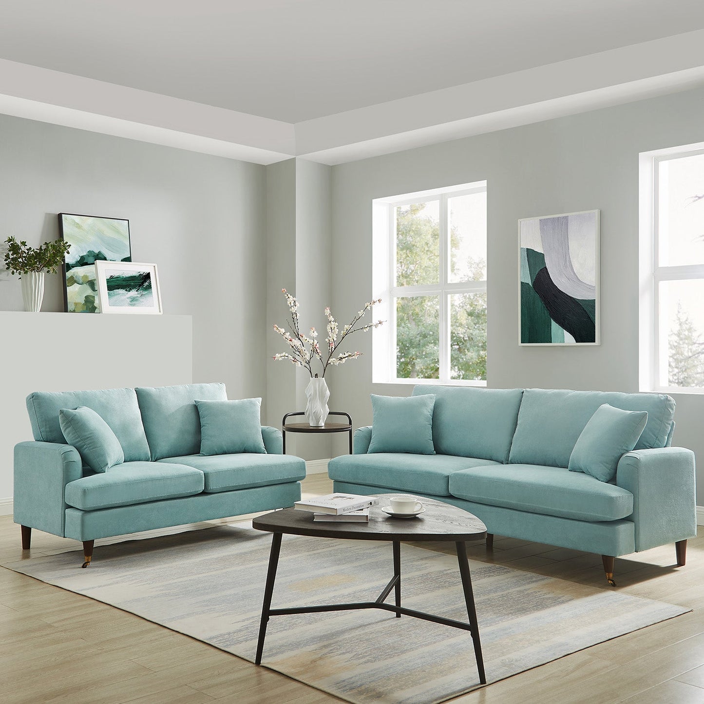 Brigette 3-Seater Mint Soft Brushed Sofa with Antique Brass Castor Legs