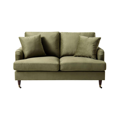 Brigette 2-Seater Olive Green Velvet Sofa with Antique Brass Castor Legs