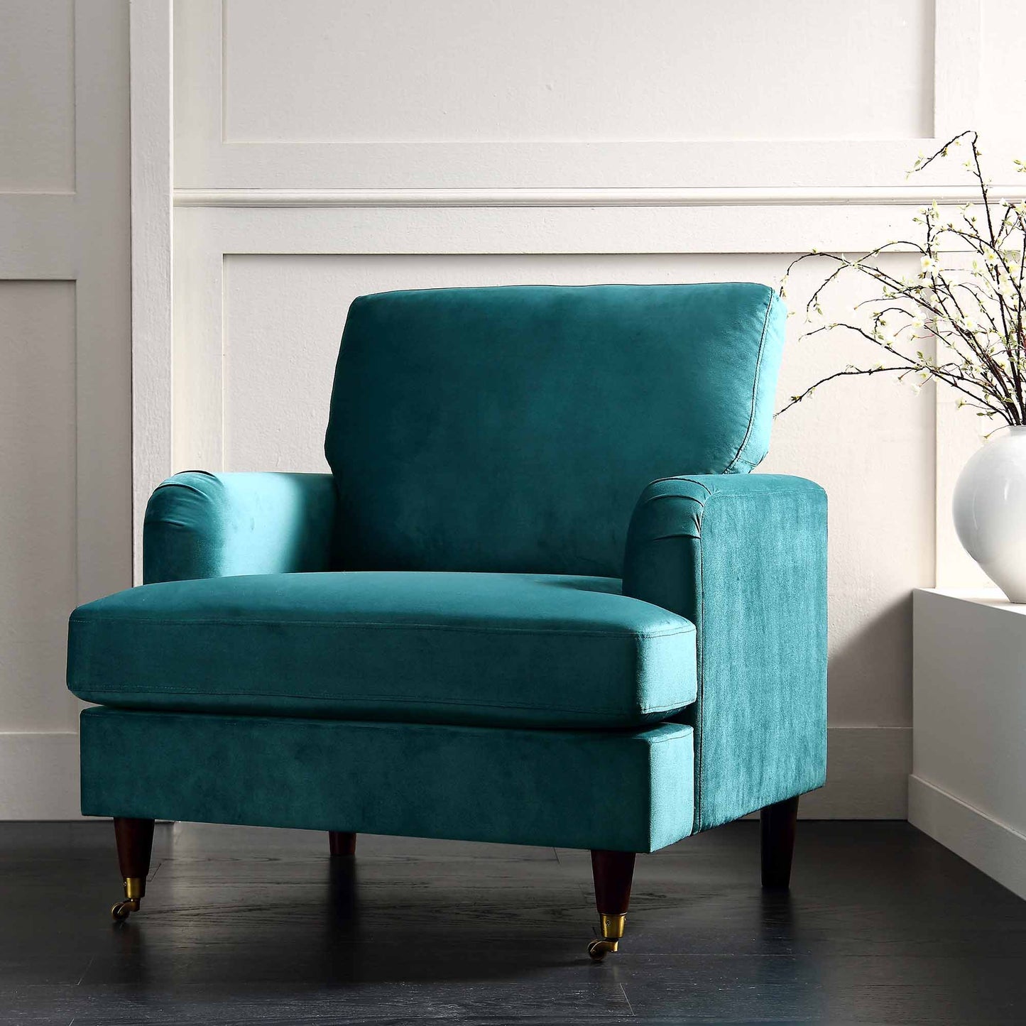 Brigette Teal Velvet Armchair with Antique Brass Castor Legs