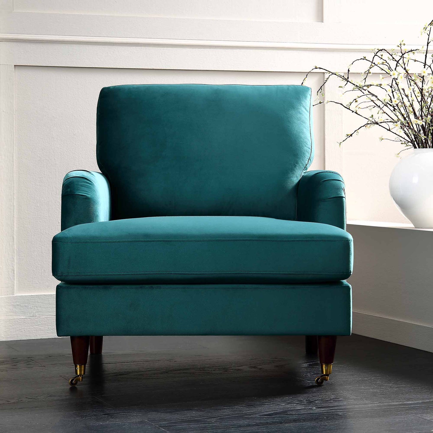 Brigette Teal Velvet Armchair with Antique Brass Castor Legs