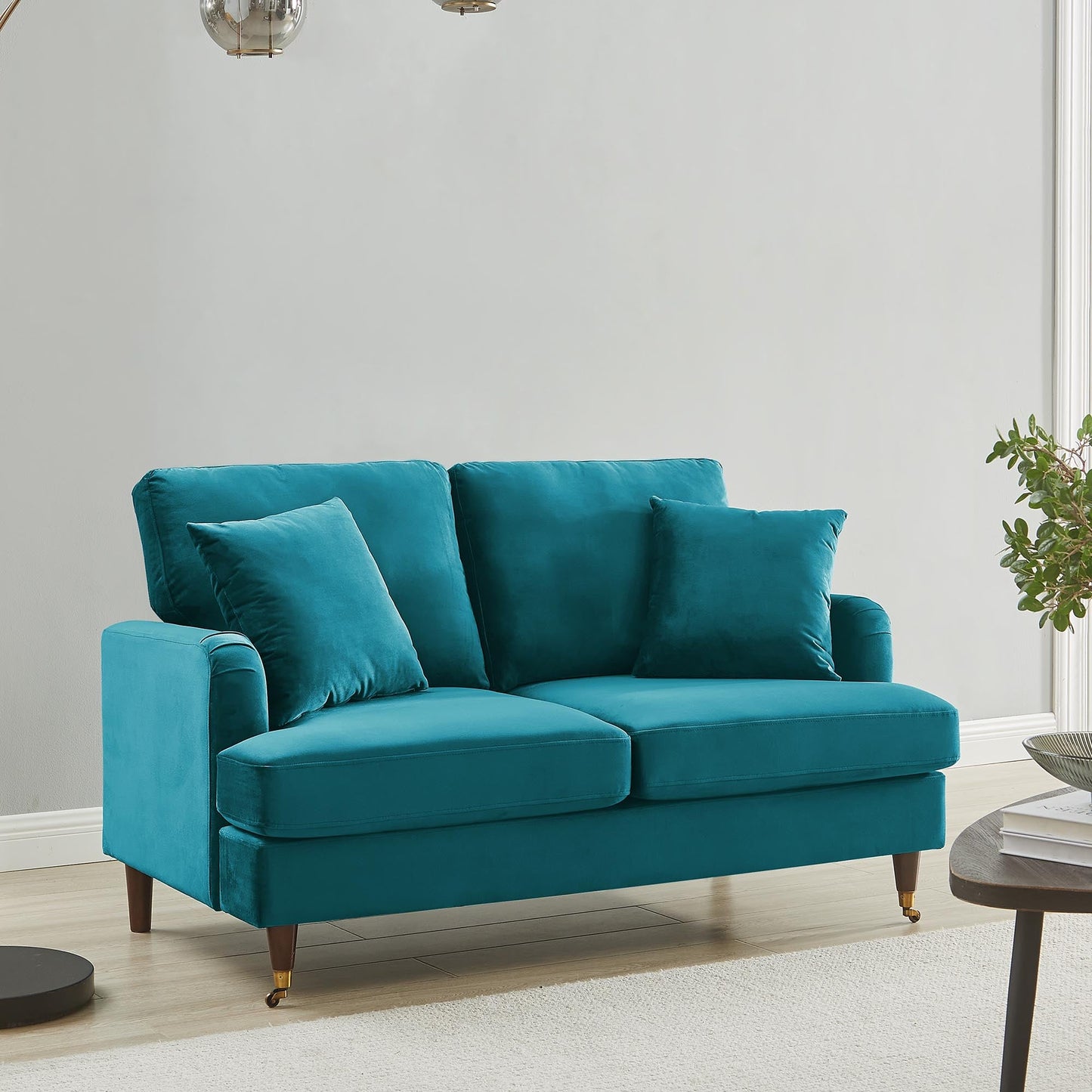 Brigette 2-Seater Teal Velvet Sofa with Antique Brass Castor Legs