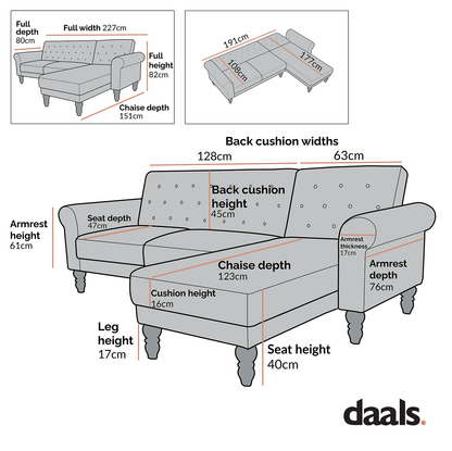 Hanney Chesterfield Chaise Sofabed in Teal Velvet