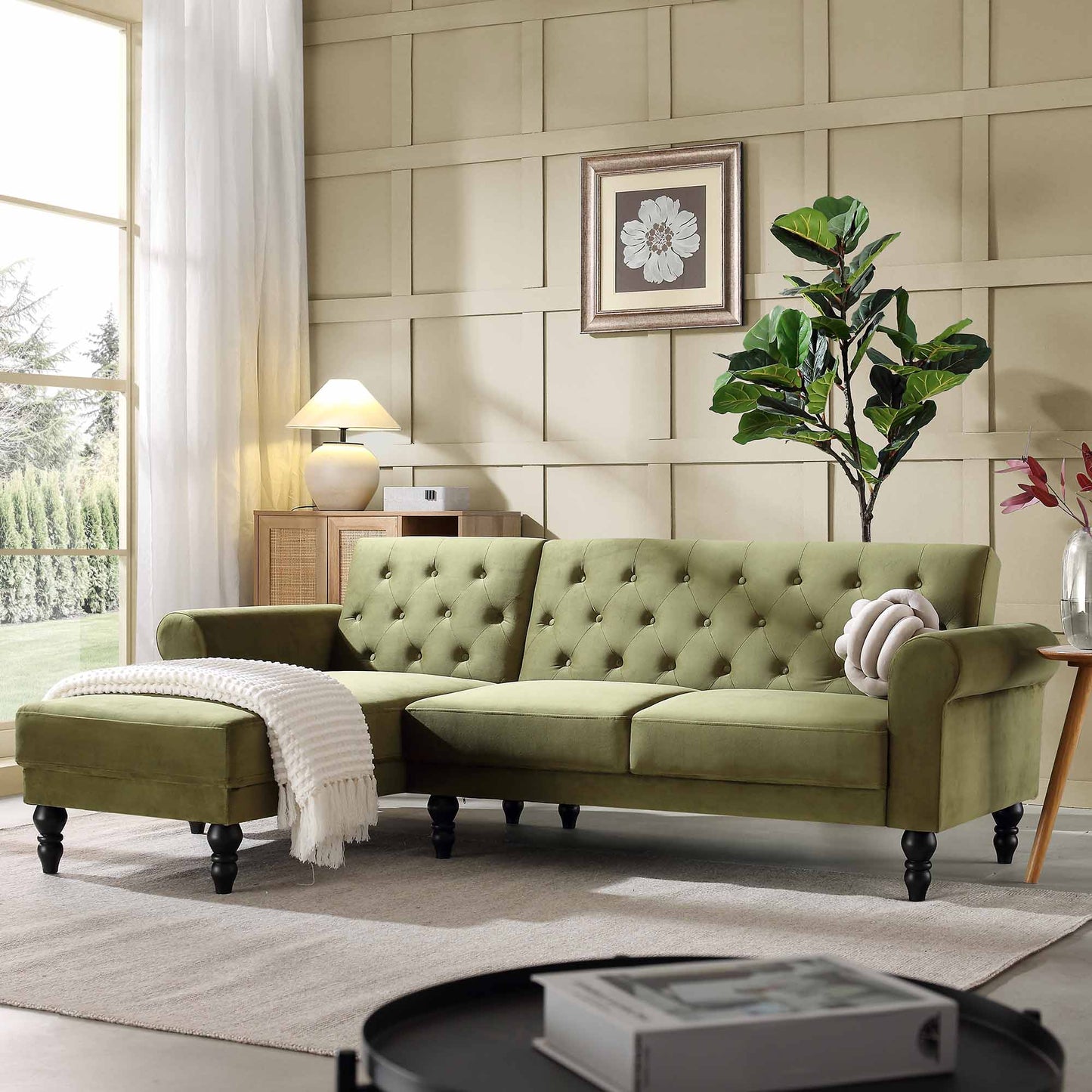 Hanney Chesterfield Chaise Sofabed in Moss Green Velvet