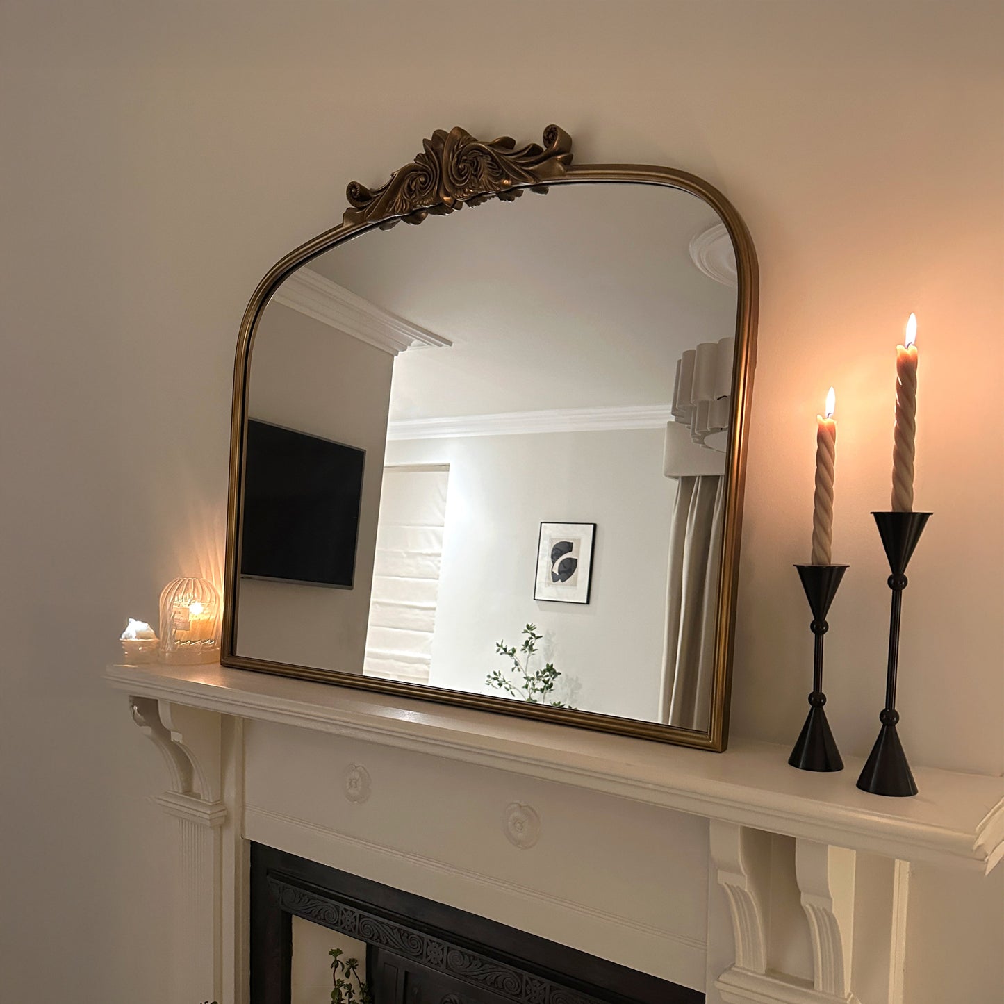 Amelia - Gold Arched Metal Overmantle Mirror 100cm x 87cm