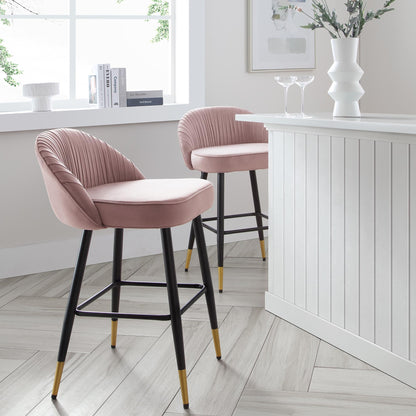 Miyae Set of 2 Pleated Pale Pink Velvet Upholstered Counter Stools