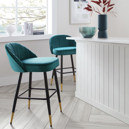 Miyae Set of 2 Pleated Teal Velvet Upholstered Counter Stools