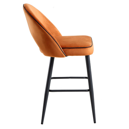 Oakley Set of 2 Orange Velvet Upholstered Counter Stools with Contrast Piping