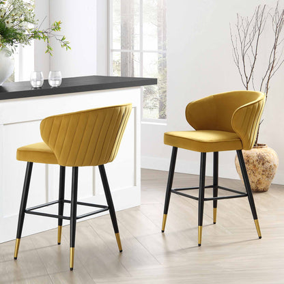 Langham Set of 2 Mustard Velvet Upholstered Carver Counter Stools