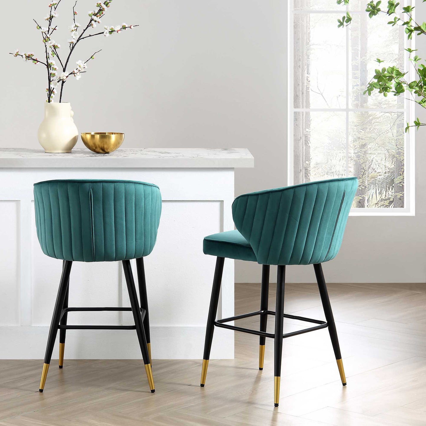 Langham Set of 2 Teal Velvet Upholstered Carver Counter Stools
