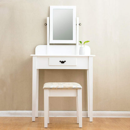 1-Drawer White Dressing Table with Stool & Single Square Mirror