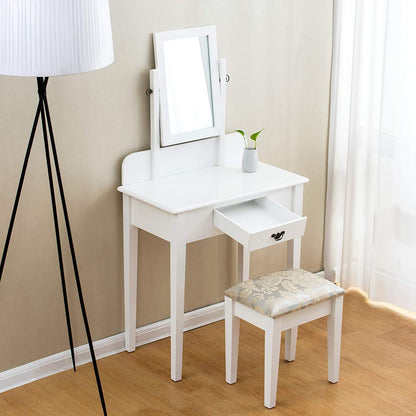 1-Drawer White Dressing Table with Stool & Single Square Mirror