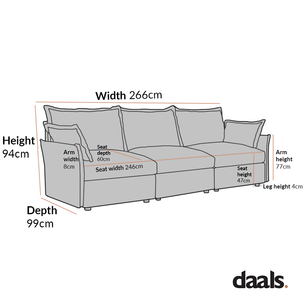 Byron Pillow Edge Beige Fabric Modular Sofa, 3-Seater