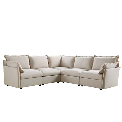Byron Pillow Edge Beige Fabric Modular Sofa, 5-Seater Corner