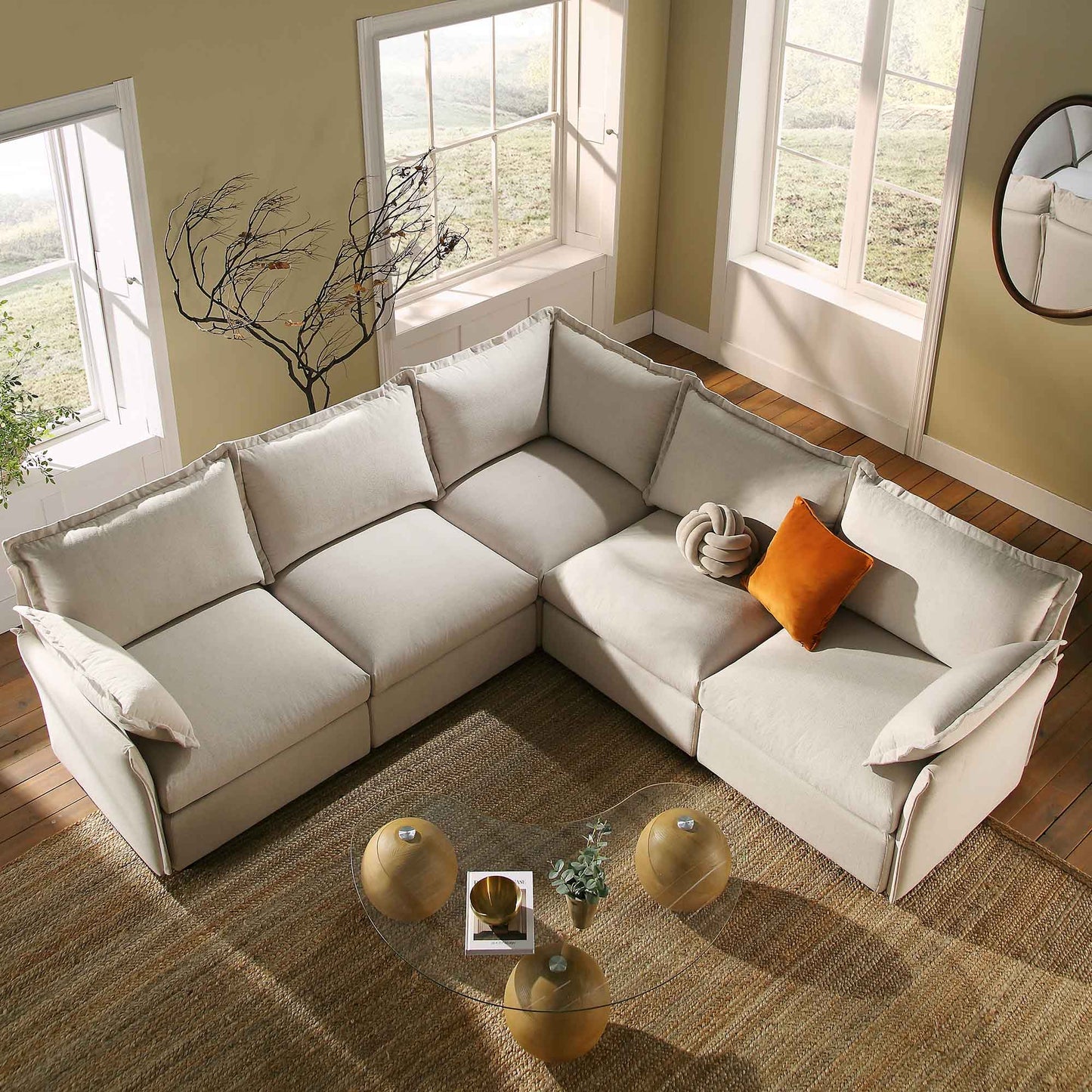 Byron Pillow Edge Beige Fabric Modular Sofa, 5-Seater Corner