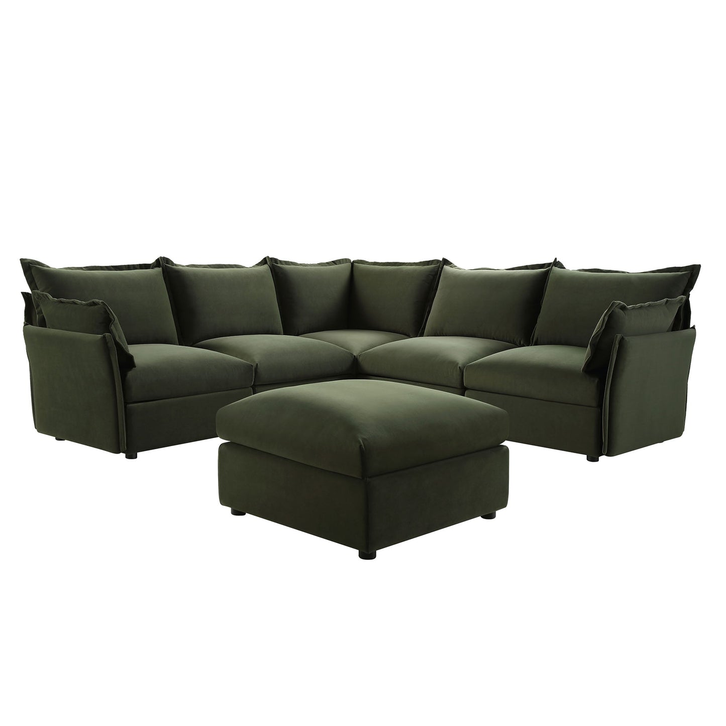 Byron Pillow Edge Moss Green Velvet Modular Sofa, 5-Seater Corner & Stool Set