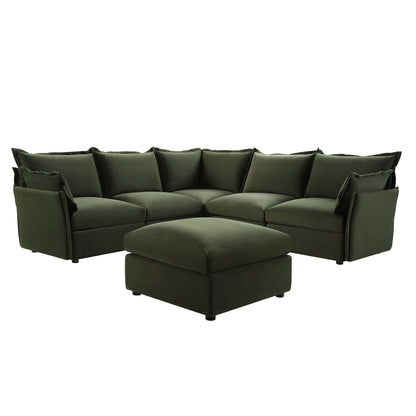 Byron Pillow Edge Moss Green Velvet Modular Sofa, 5-Seater Corner & Stool Set