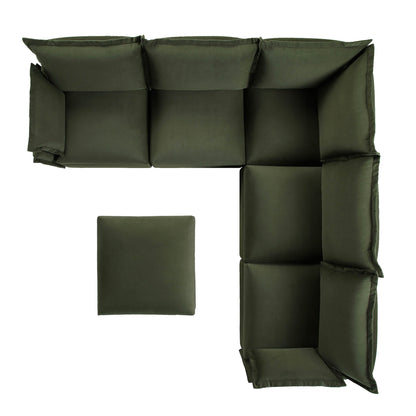 Byron Pillow Edge Moss Green Velvet Modular Sofa, 5-Seater Corner & Stool Set