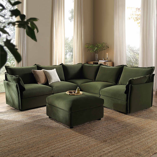 Byron Pillow Edge Moss Green Velvet Modular Sofa, 5-Seater Corner & Stool Set