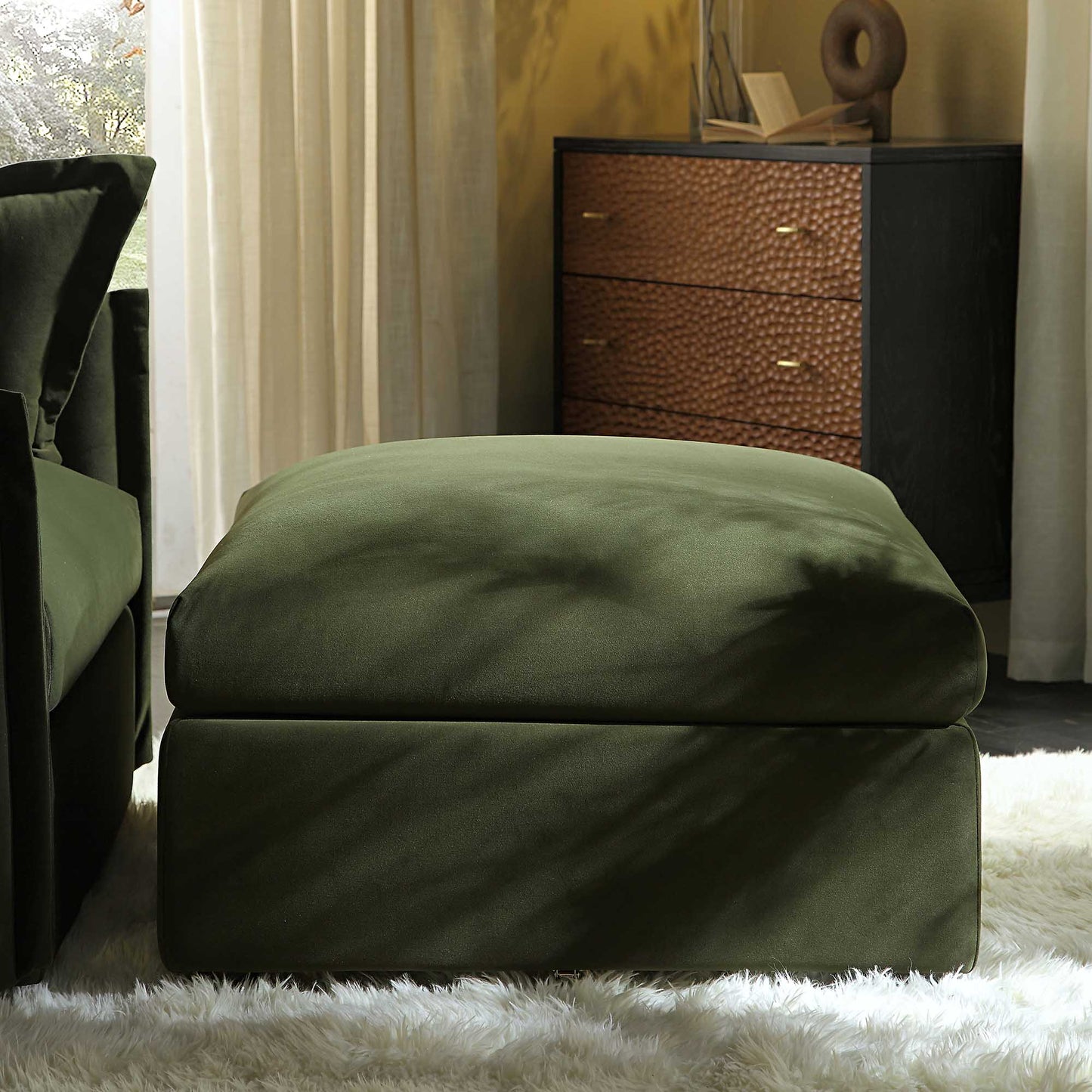 Byron Moss Green Velvet Fabric Pouffe