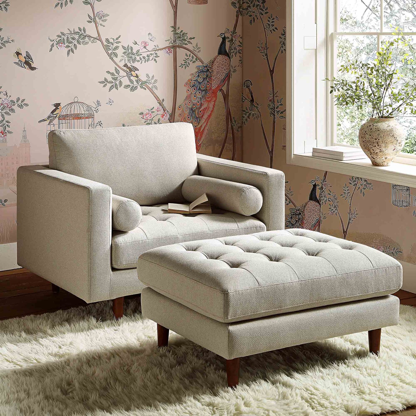 Henrietta Ottoman, Beige Woven Fabric