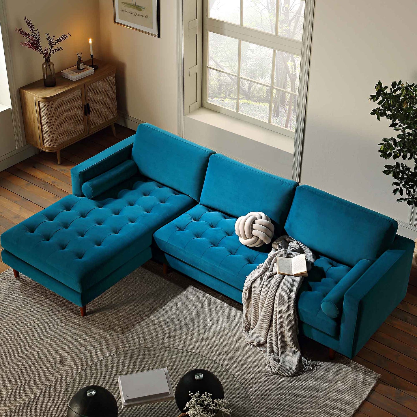 Henrietta Teal Velvet Grand 4-Seater Chaise End Sofa, Left Hand Facing