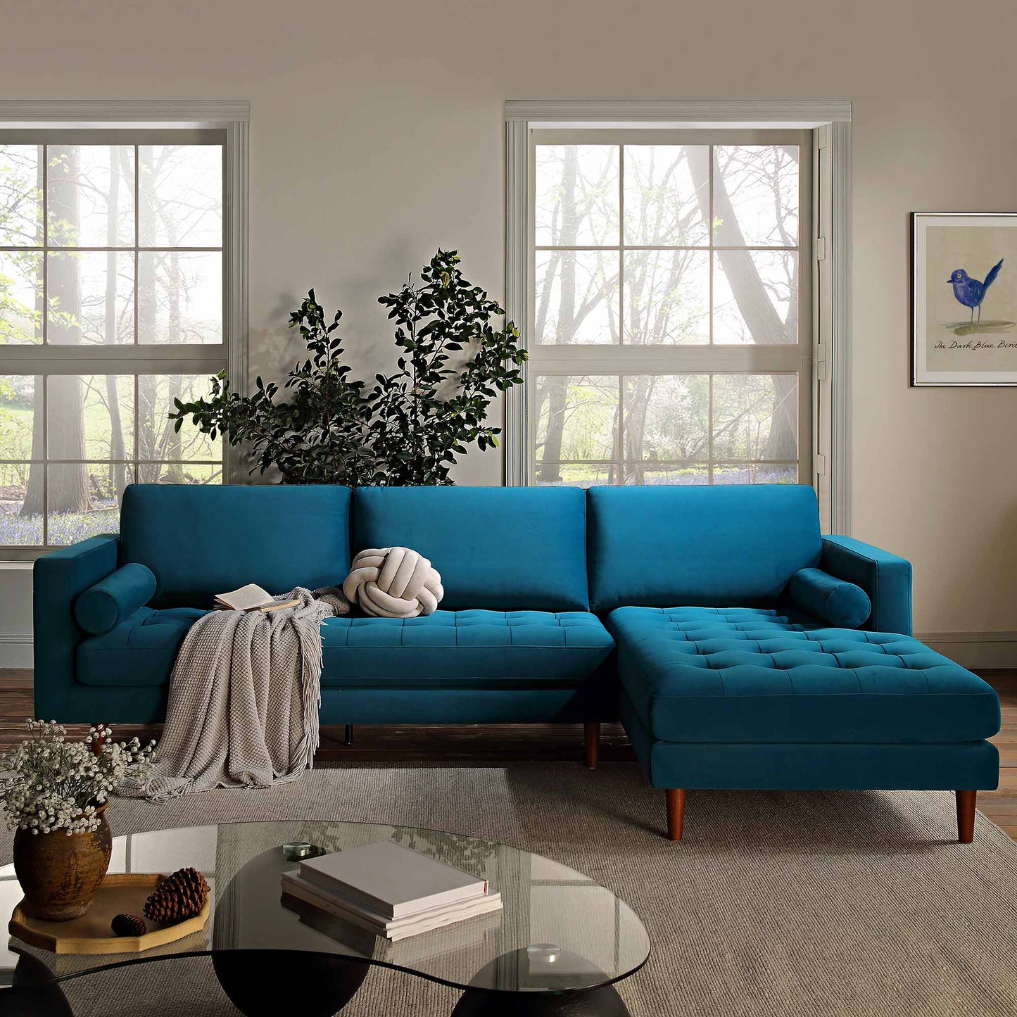 Henrietta Teal Velvet Grand 4-Seater Chaise End Sofa, Right Hand Facing
