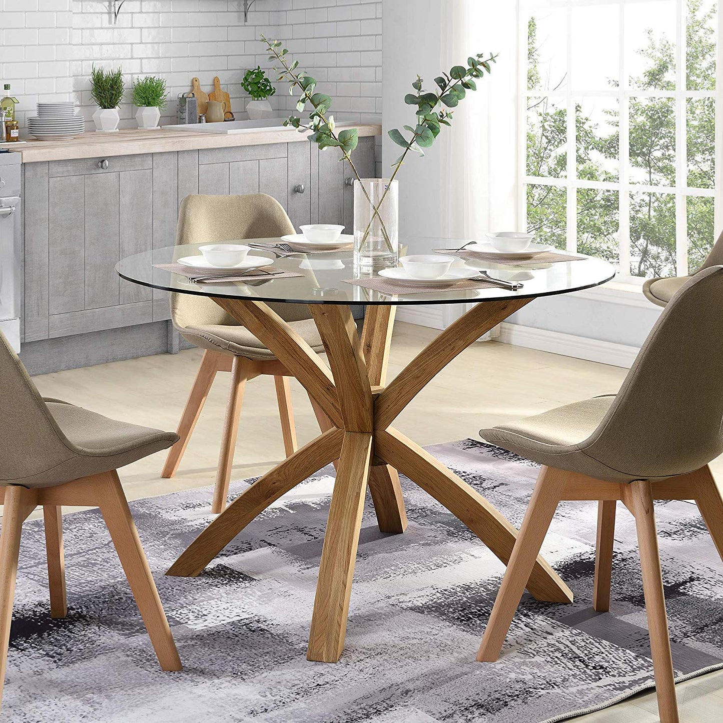Lugano 110cm Round Glass Top Solid Oak Legs Dining Table