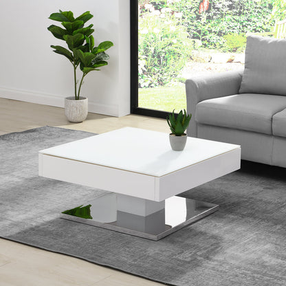 Finch White Swivel Frosted Glass Top Coffee Table with Stainless Steel Base