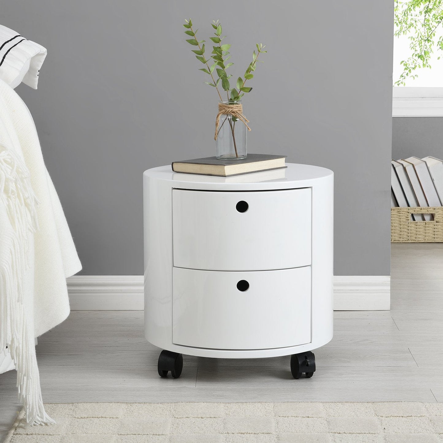 DOLIO Drum Chest Bedside Table, Barrel Side Table with Drawers High Gloss White 2 Drawer