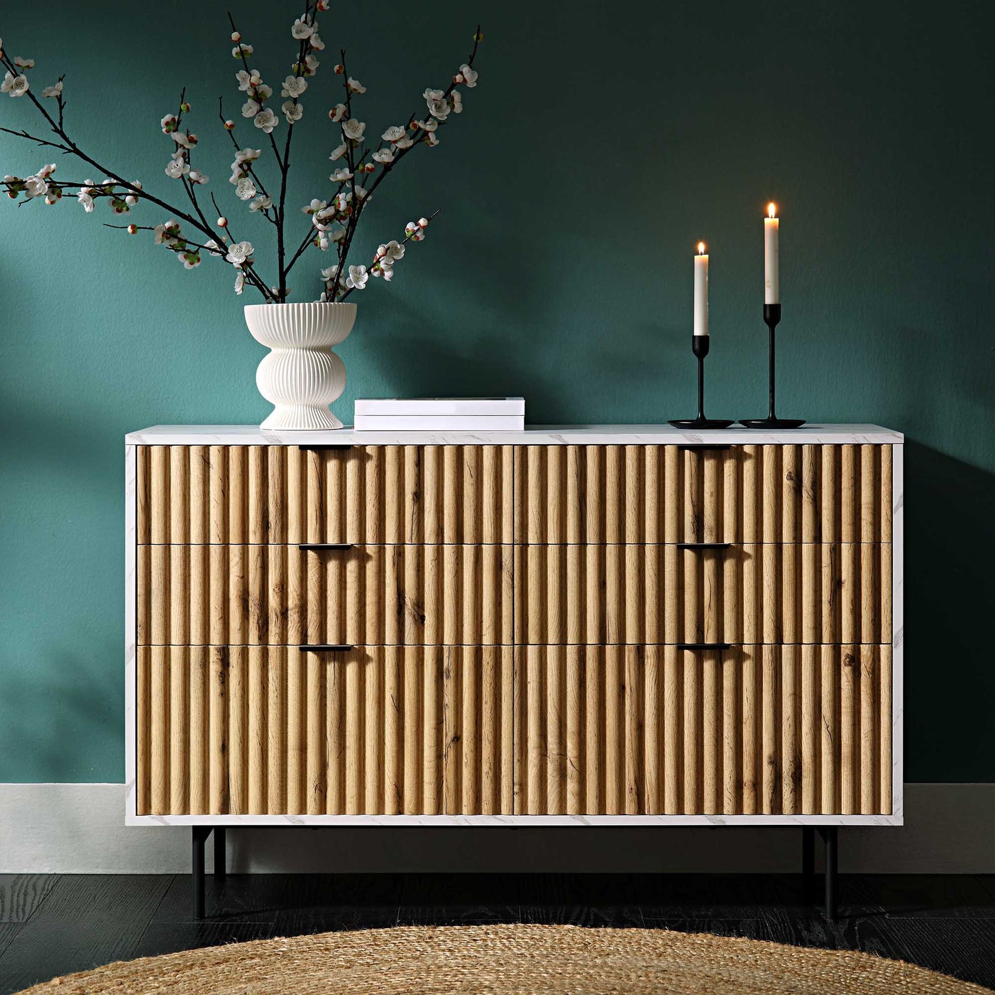 Aspen Oak and Marble Effect 6-Drawer Chest of Drawers