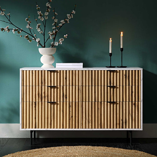 Aspen Oak and Marble Effect 6-Drawer Chest of Drawers