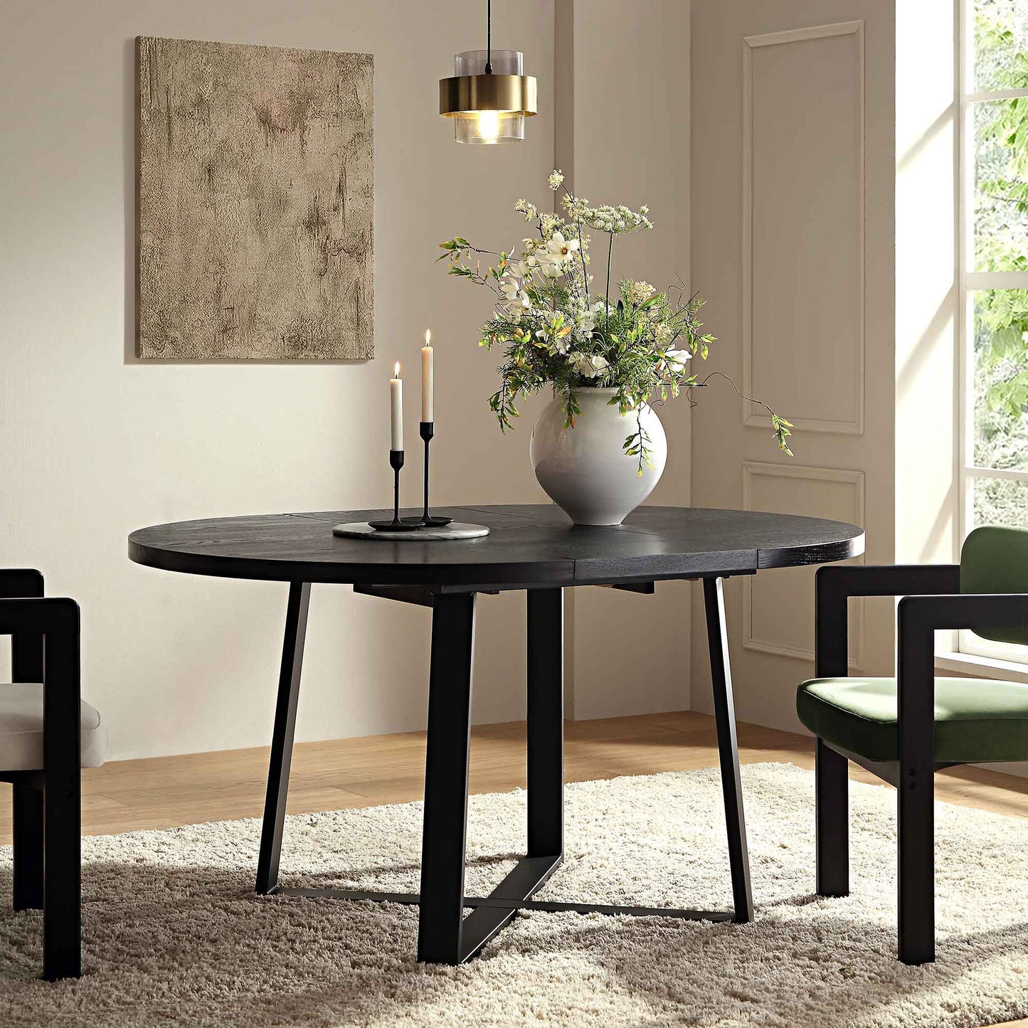 BERN Extending Round Dining Table with Metal Legs, Black