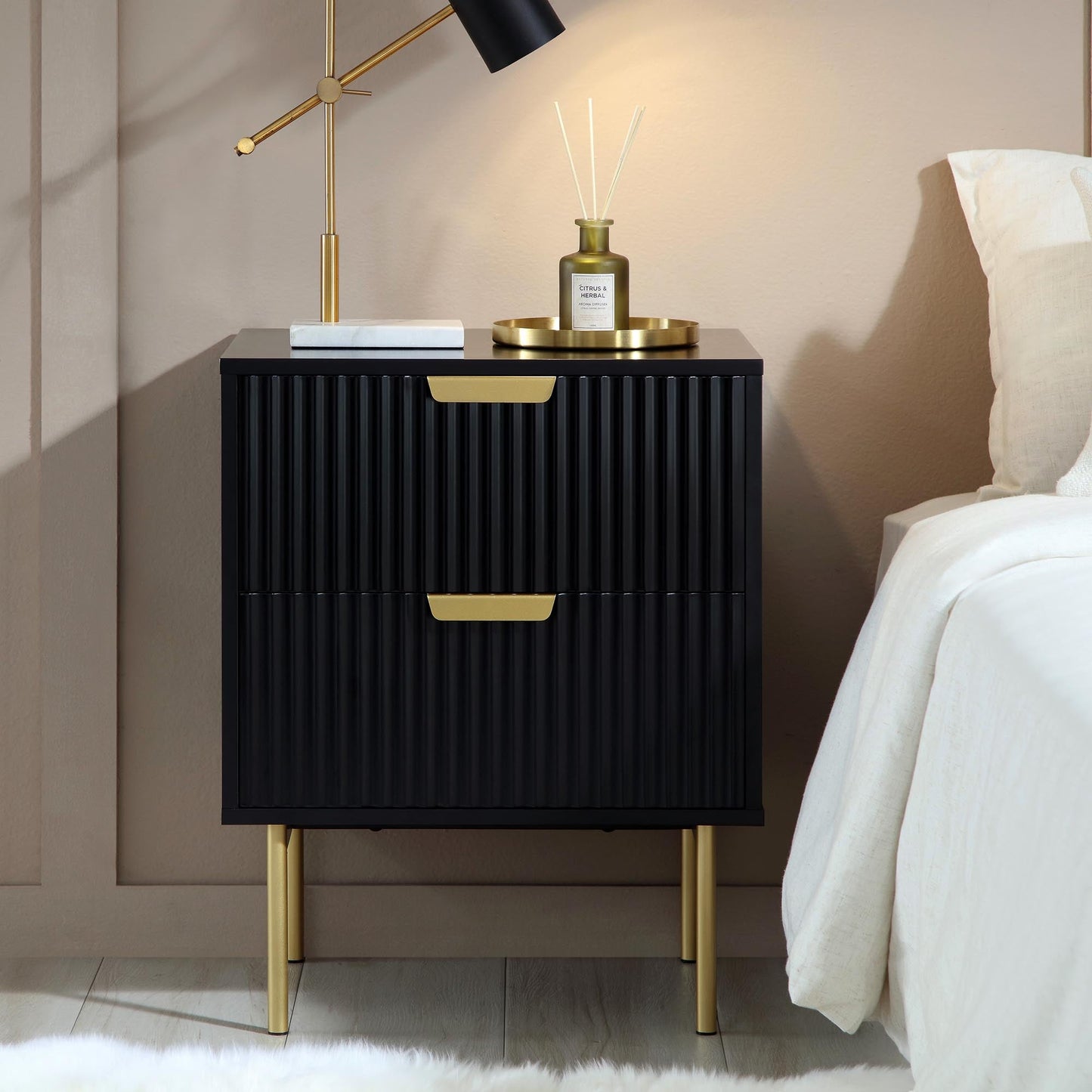 Richmond Ridged 2 Drawer Bedside Table, Matte Black