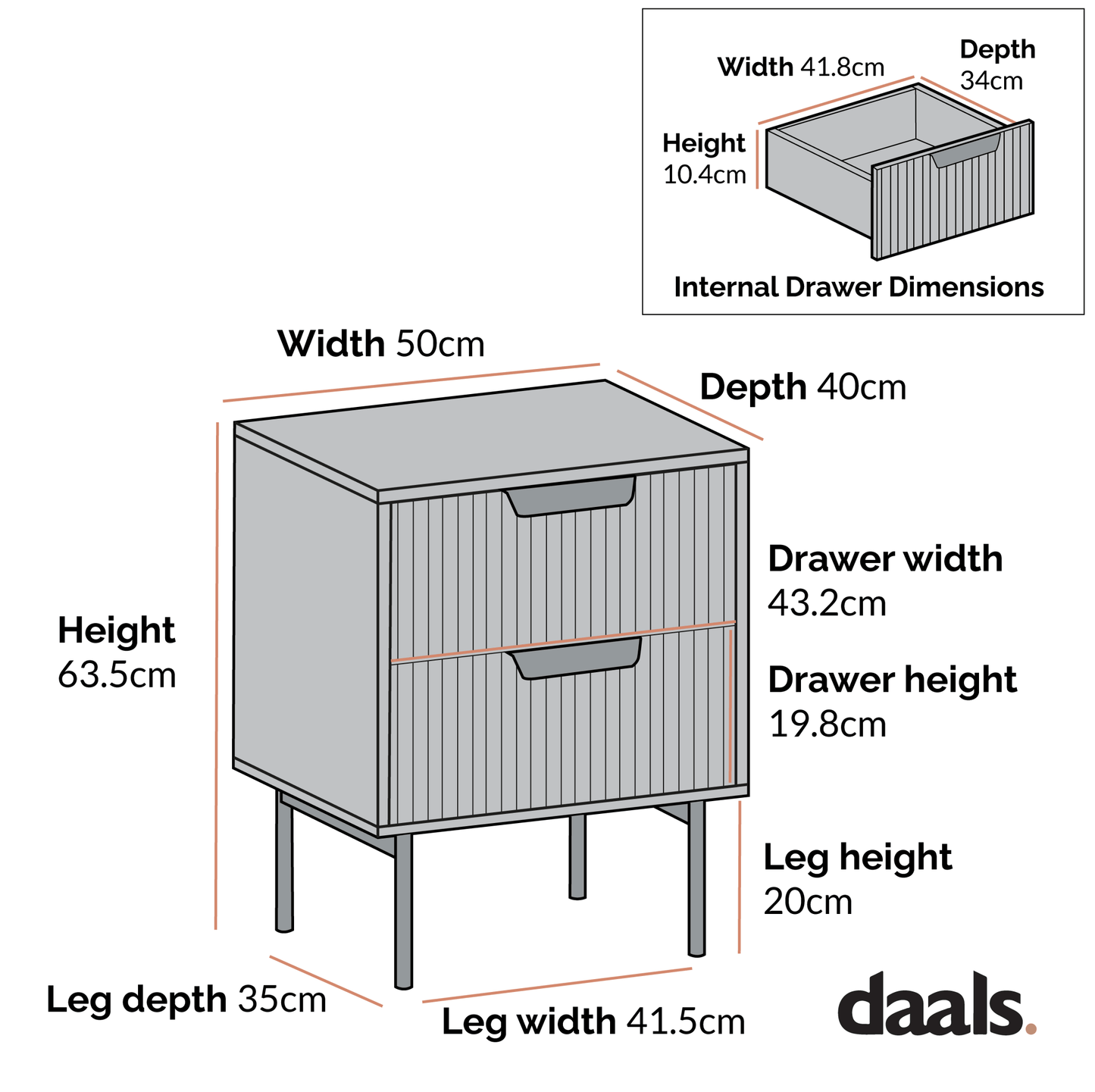 Richmond Ridged 2 Drawer Bedside Table, Dark Ash