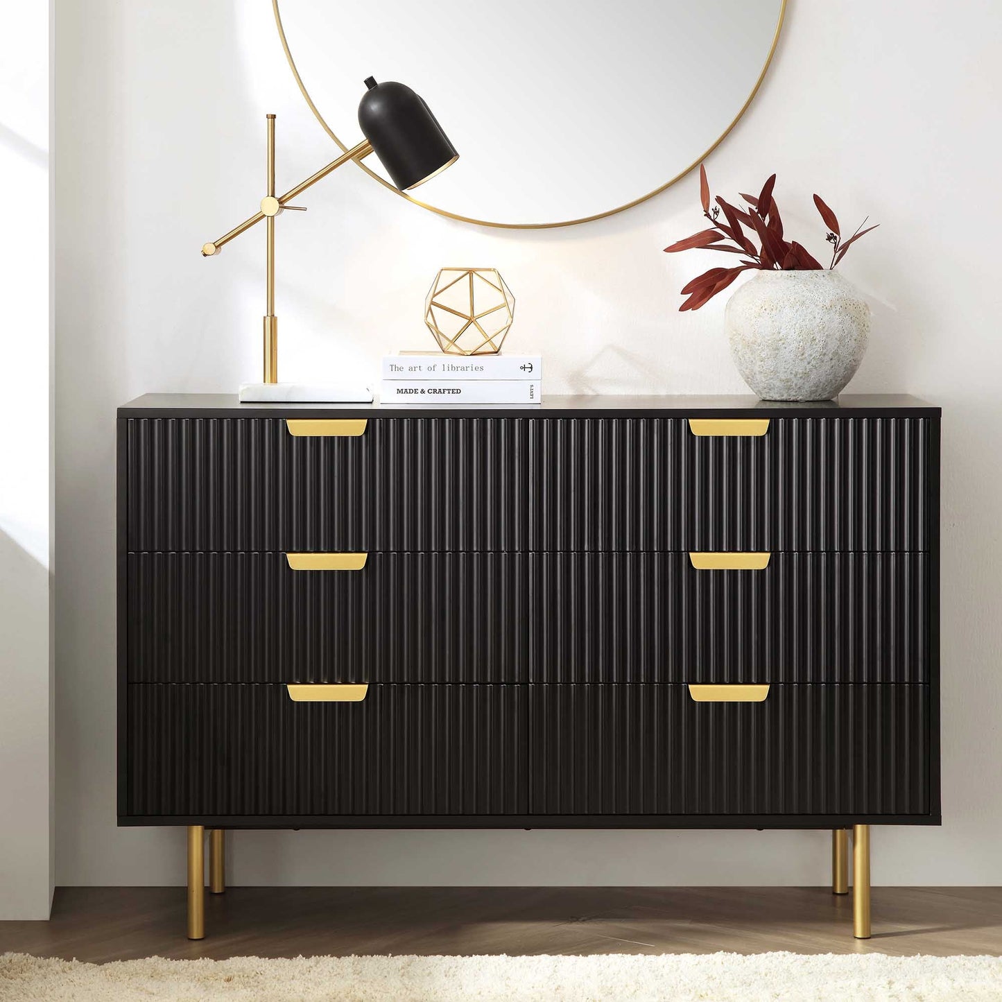 Richmond Ridged Wide Chest of 6 Drawers, Matte Black