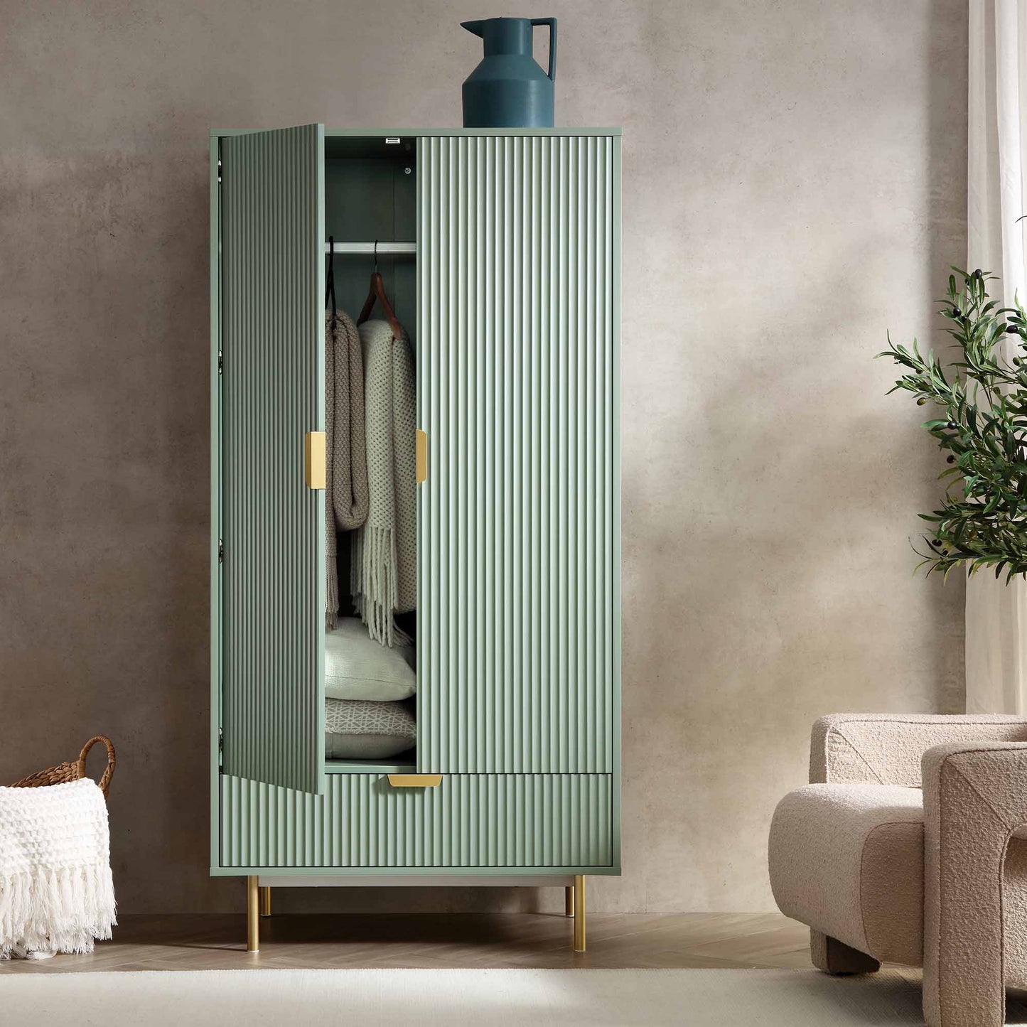 Richmond Ridged Double Wardrobe with Drawer, Matte Sage Green