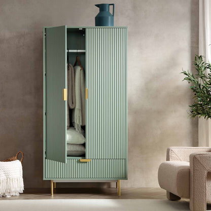 Richmond Ridged Double Wardrobe with Drawer, Matte Sage Green