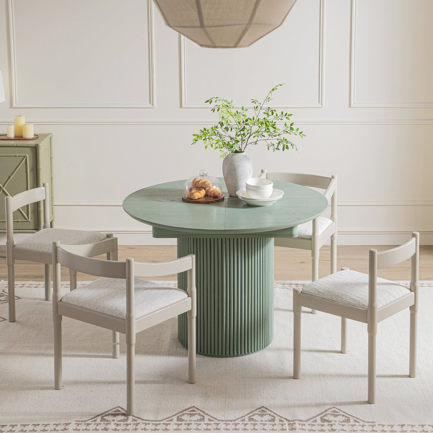 Maru Round 4-6 Seater Extending Oak Pedestal Dining Table, Sage Green