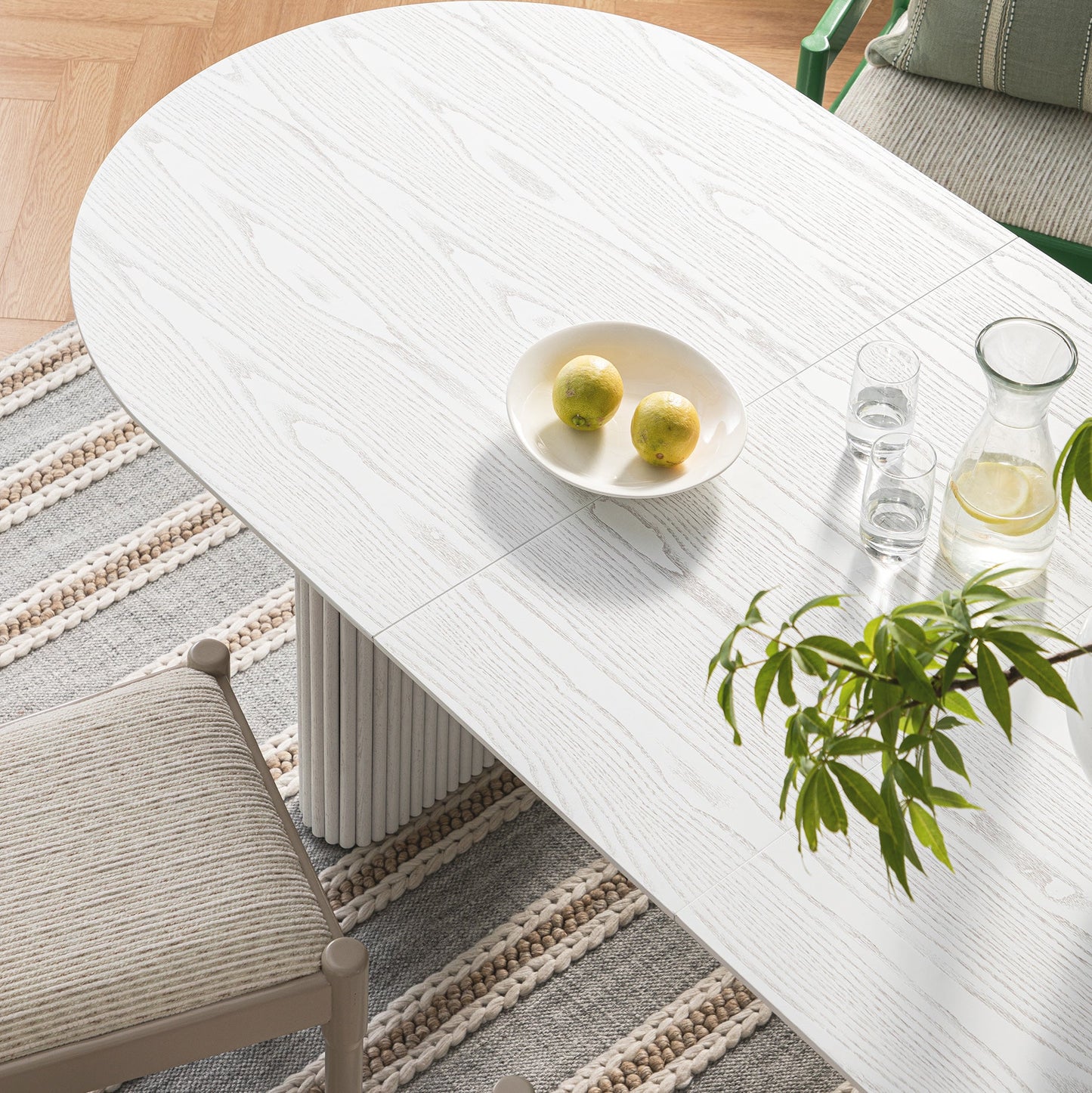 Maru Oval 6-8 Seater Extending Oak Pedestal Dining Table, Washed White