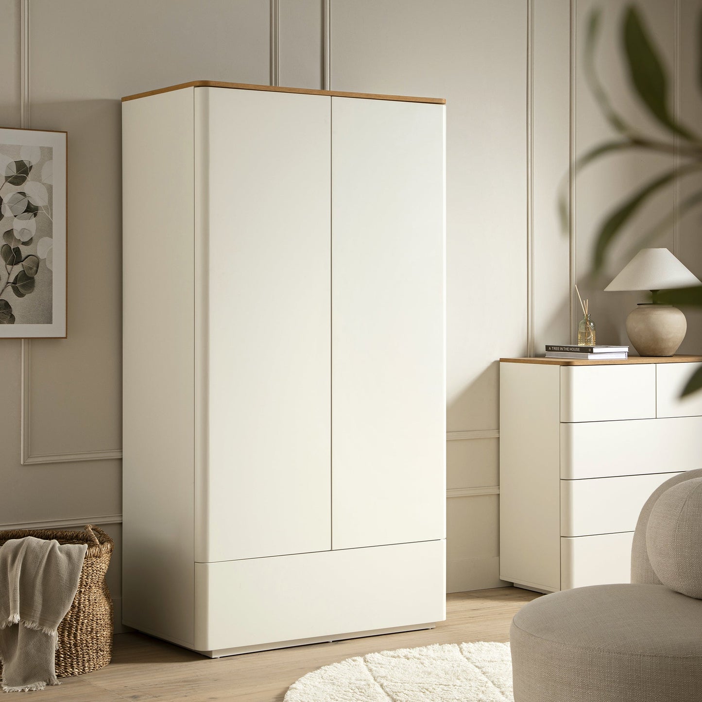Agnes Curved Edge Double Wardrobe, Off White with Oak Top