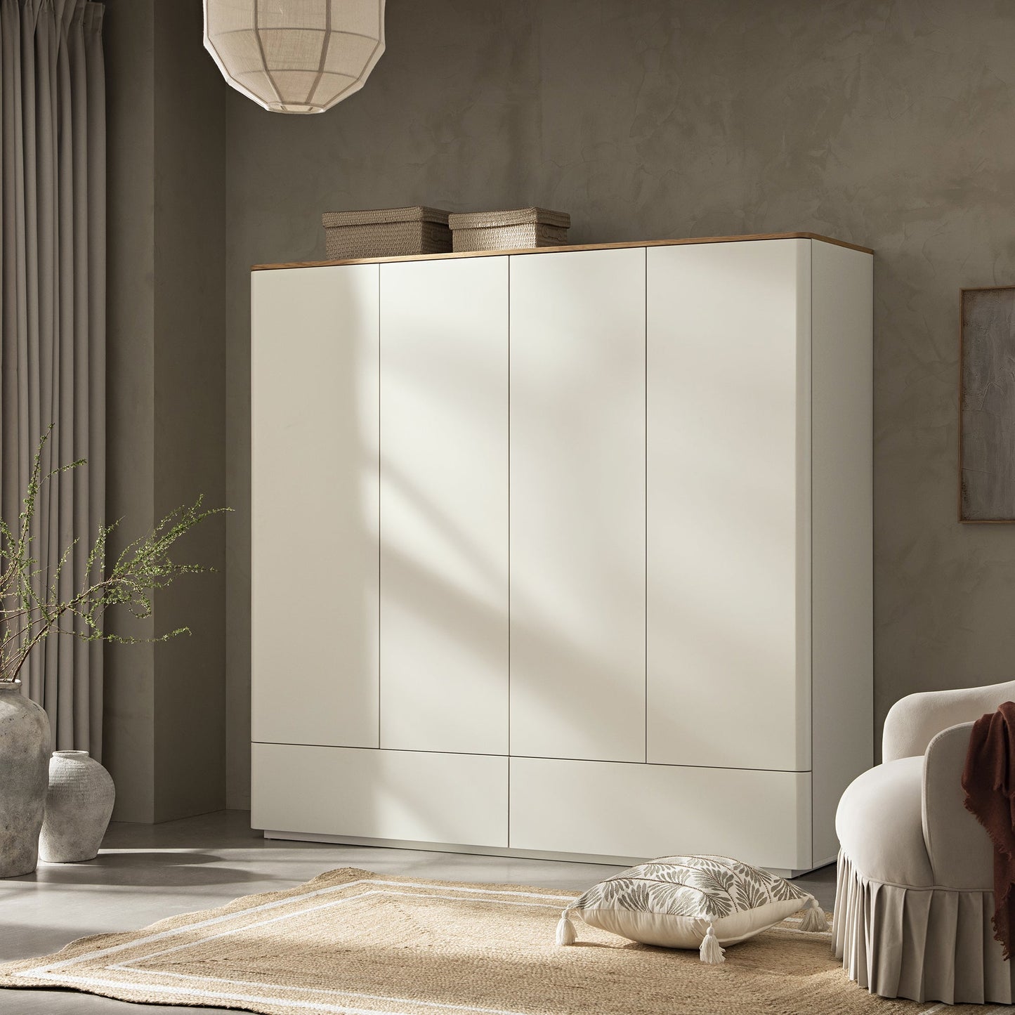 Agnes Curved Edge 4-Door Wardrobe, Off White with Oak Top