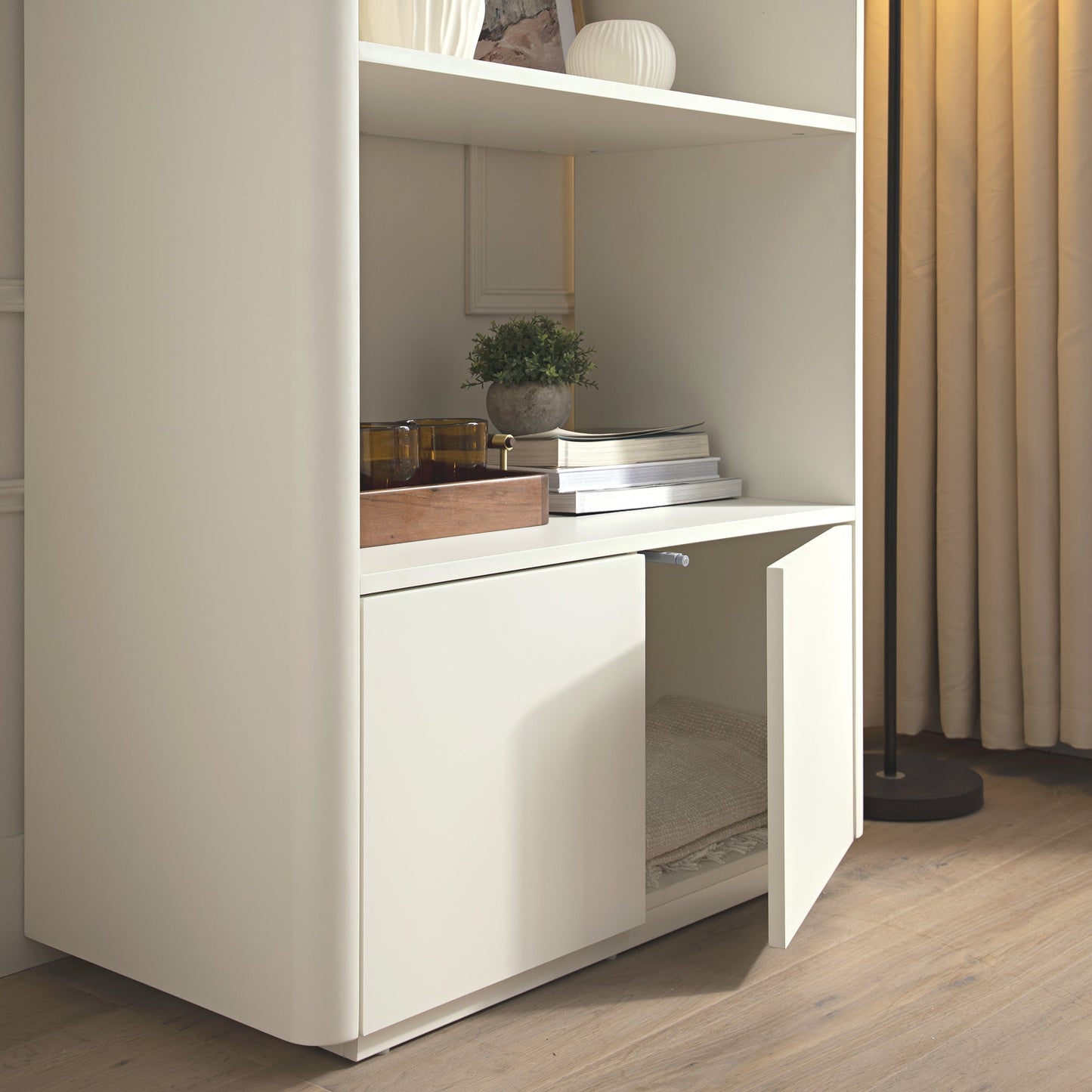 Agnes Curved Edge Bookcase, Off White with Oak Top