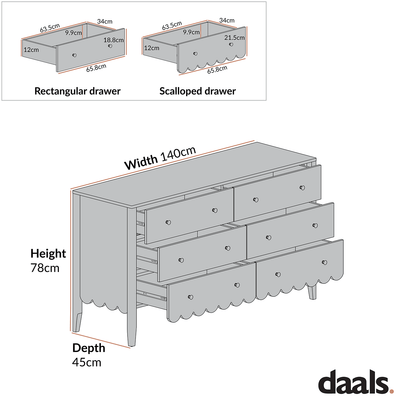 Henley Scalloped Edge 6 Drawer 140cm Wide Chest, Light Sand