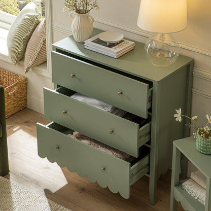 Henley Scalloped Edge 3 Drawer Chest, Sage Green