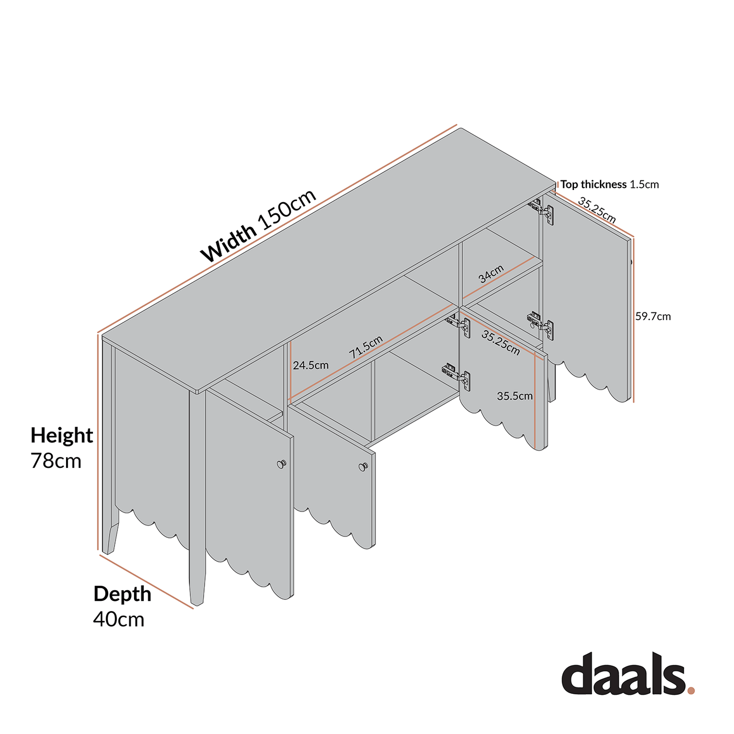 Henley Scalloped Edge 150cm Wide Sideboard with Open Shelf, Sage Green