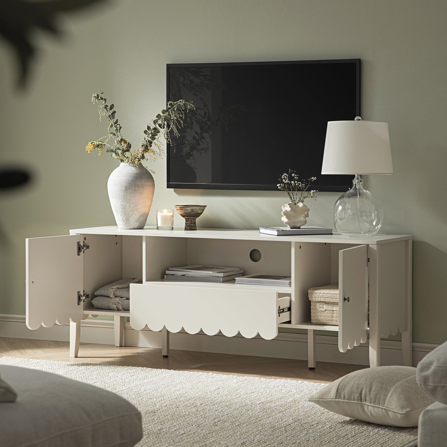 Henley Scalloped Edge 150cm Wide TV Unit, Light Sand