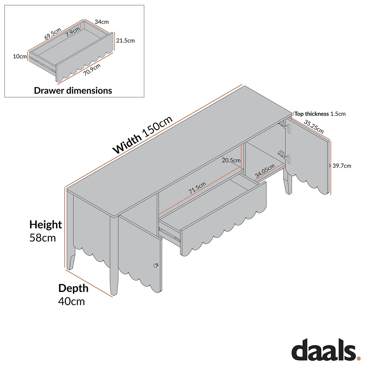Henley Scalloped Edge 150cm Wide TV Unit, Light Sand