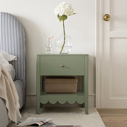 Henley Scalloped Edge Bedside Table with Drawer, Sage Green