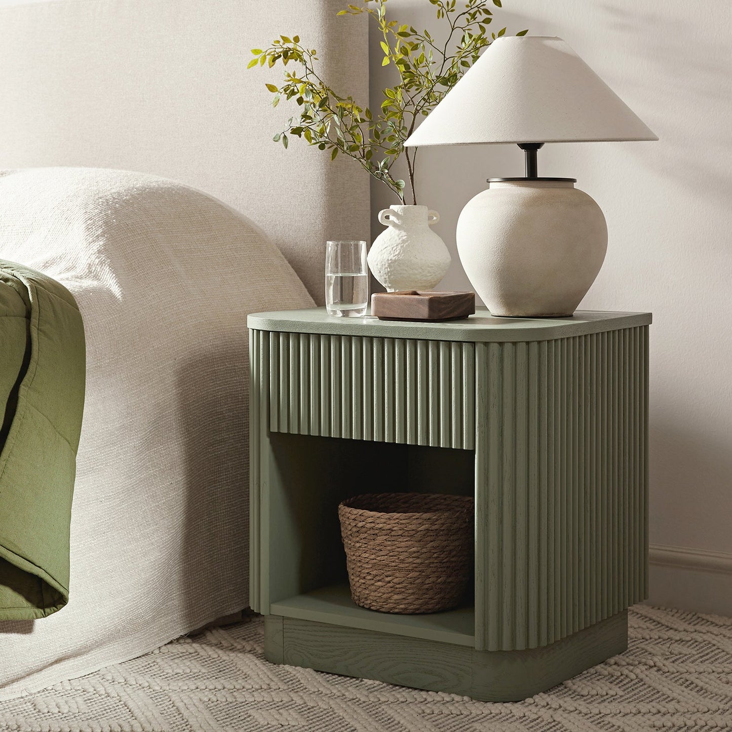 Maru 1-Drawer Bedside Table, Sage Green