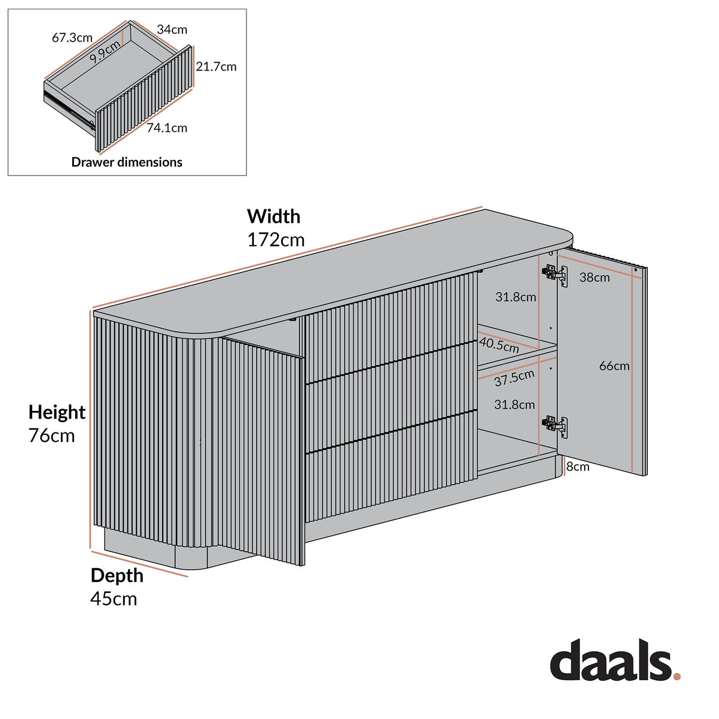 Maru Large 2-Door Sideboard with Drawers, Washed White